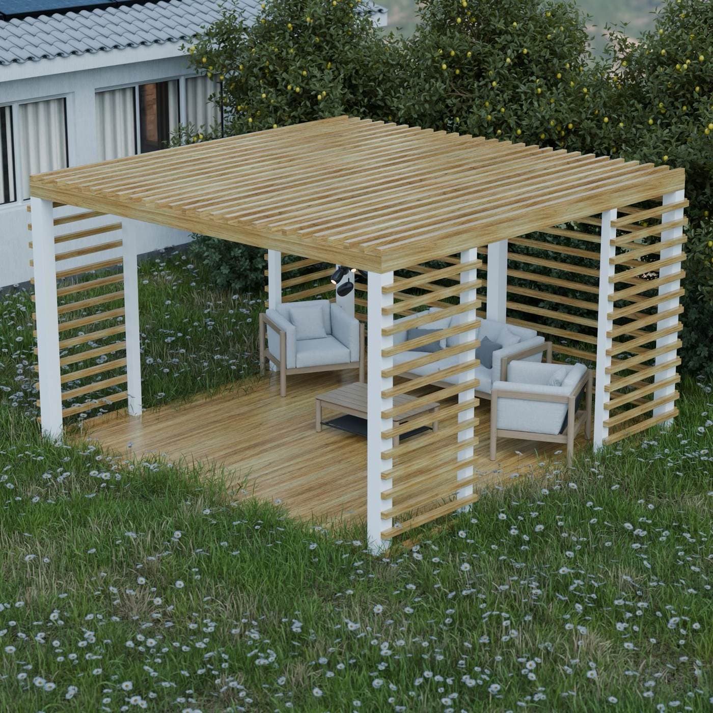 Ahşap pergola altında modern bahçe oturma alanı